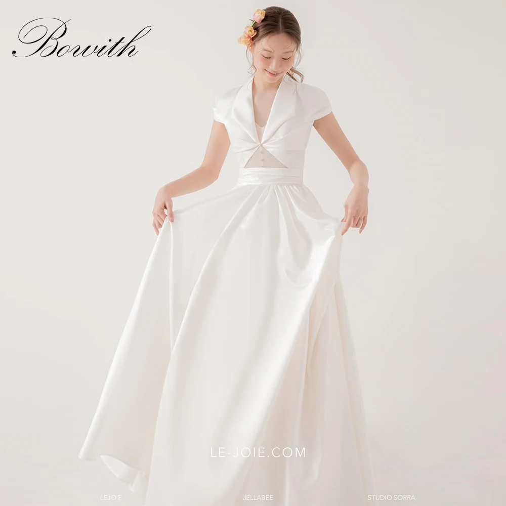 

Bowith Korean Wedding Dresses 2025 Customized Notch Lapel Short Sleeves Bridal Gown A-Line Satin Wedding Snap Dresses
