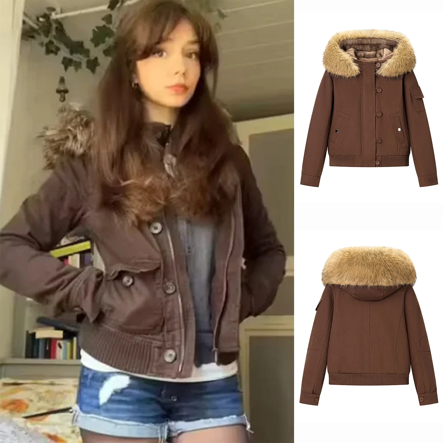 

Весенняя новинка: Женская повседневная теплая хлопковая куртка с капюшоном, молнией и съемным меховым воротником, длинный рукав, цветная