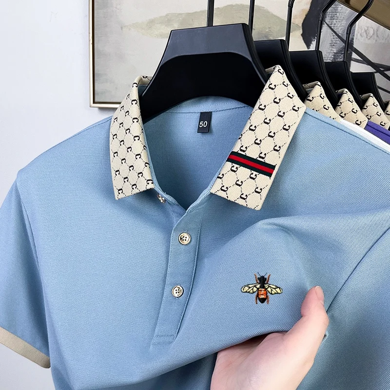 Sommer Neues Designer-Polohemd mit Exquisiter Bienenstickerei für Herren, Bestseller, Bequem und Atmungsaktiv, aus Maulbeerseidenstoff, Kurzes Oberteil – Detail 15