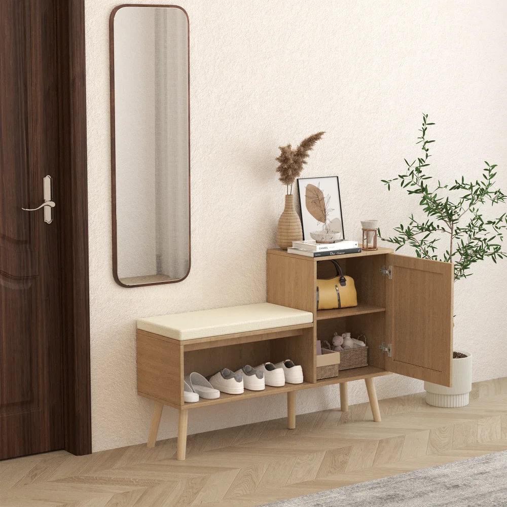2-in-1 Shoe Storage Bench Natural Rattan Shoe Cabinet 2 Adjustable Shelves Removable Seat Cushion Modern Entryway Shoe Storage