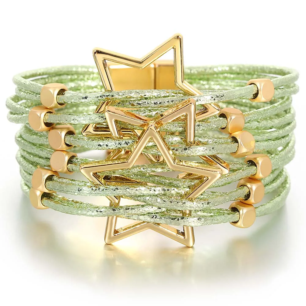 

Amorcome Metal Beads Triple Hollow Stars Fashion Bracelets Multilayer Wrap Bracelet Shiny Leather Women Jewelry Magnetic Clasp