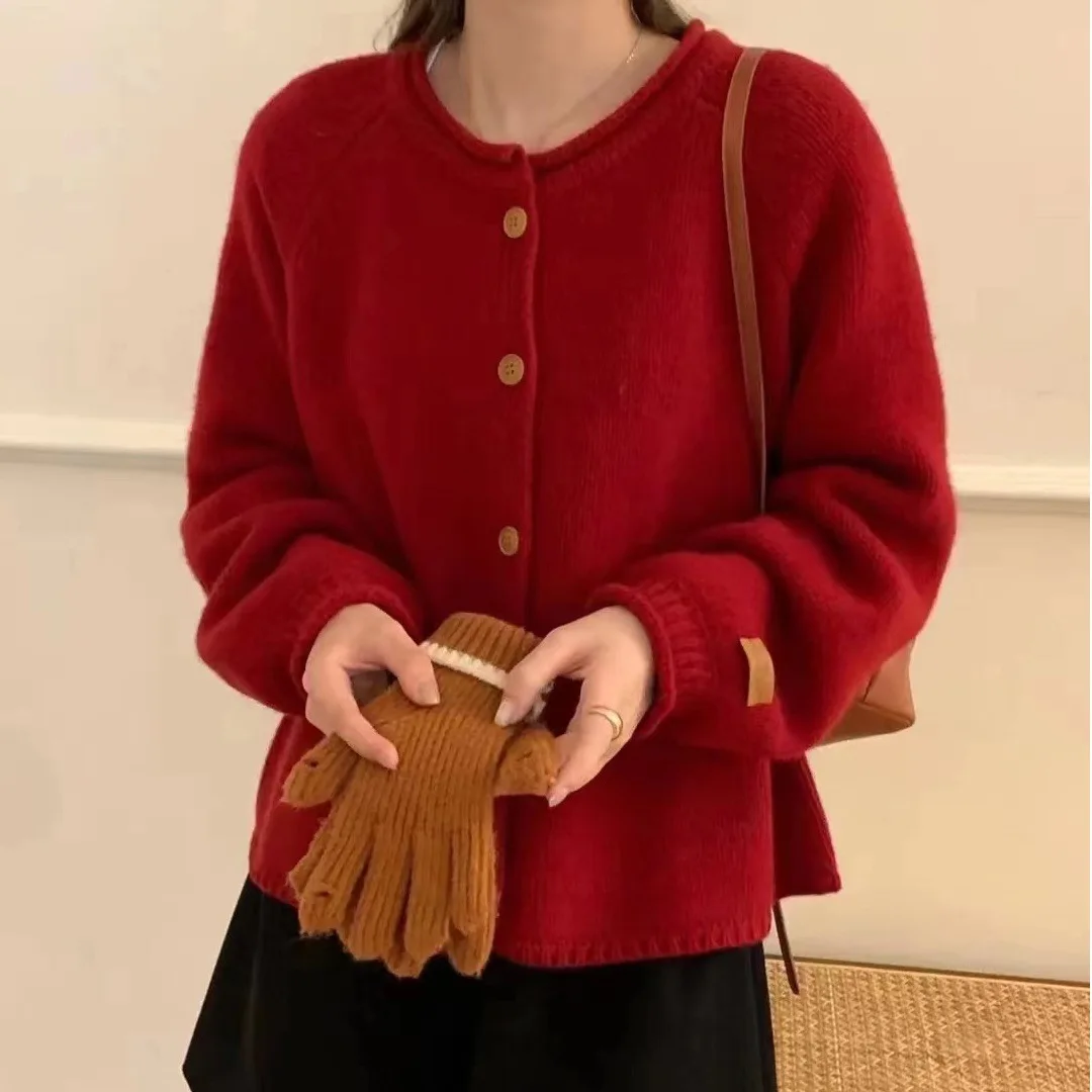 

Sweater Cardigan Women's Loose and Versatile Curled Round Neck Knitted Jacket Casual Fashion Top Solid Color Thickened