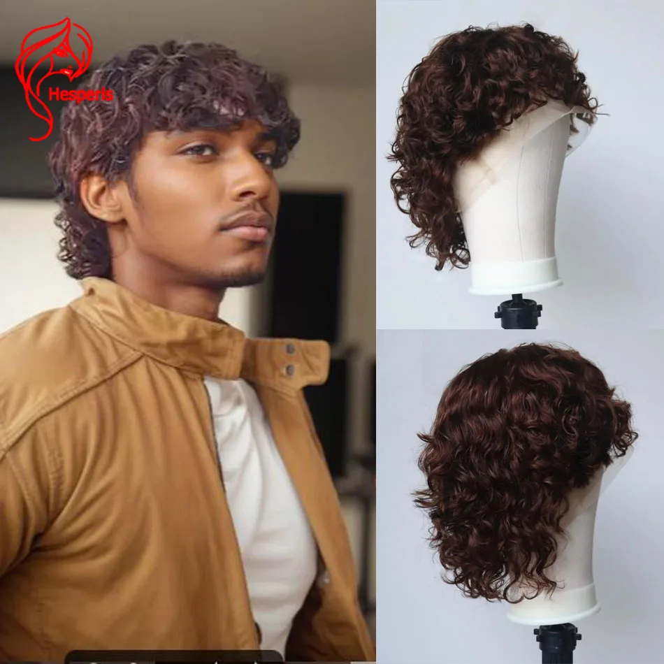 Hesperis Brown Curly Mullet Wig Brazilian Remy Full Lace Human Hair Wigs Curly Pixie Cut Wig Short Men\'s Wig With Bangs