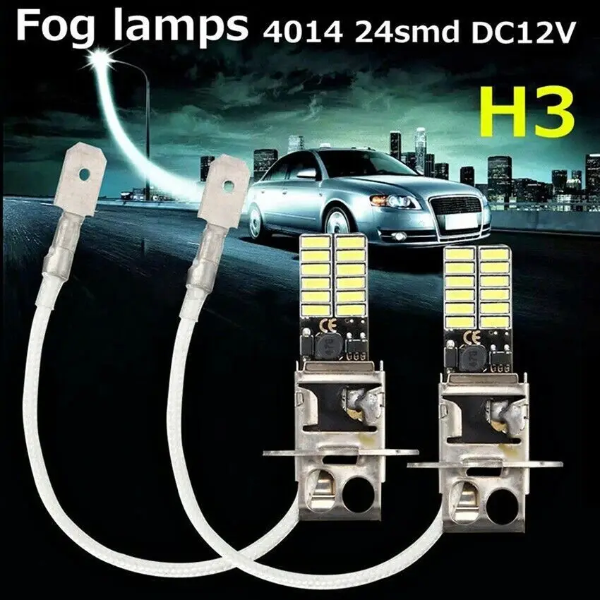 Lâmpada branca de xenon para carro, lâmpada Auto DRL, H3, 2835, 24 SMD, 6500K, 2pcs