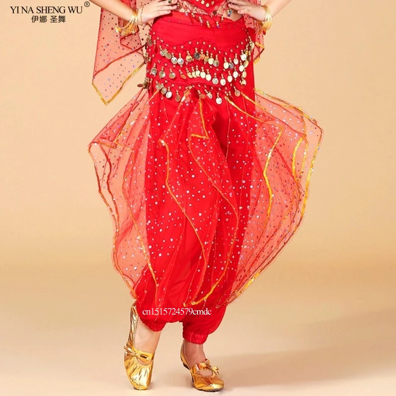 Damskie spodnie do tańca brzucha Bollywood Oriental Indian Dance Practice Costume Chiffon Trousers Gold Trim Rotating Pants