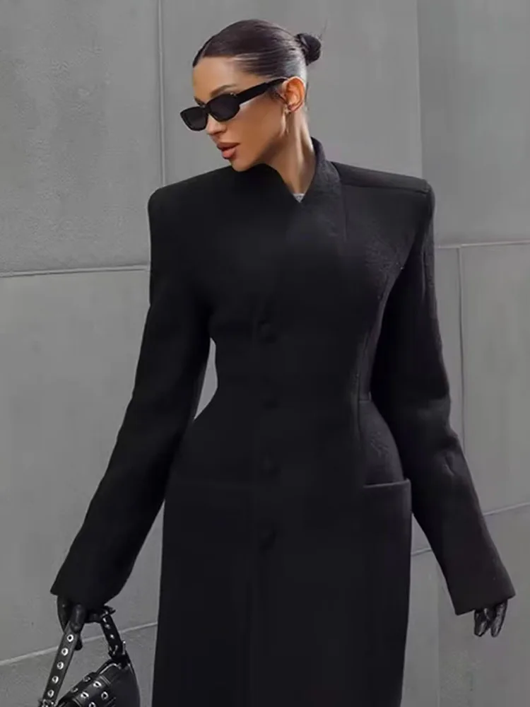 HH Frau Mode Lange Ärmel Taille Warme Lange Mantel Weibliche Winter einreiher Stehkragen Taschen Solide Woolen mantel