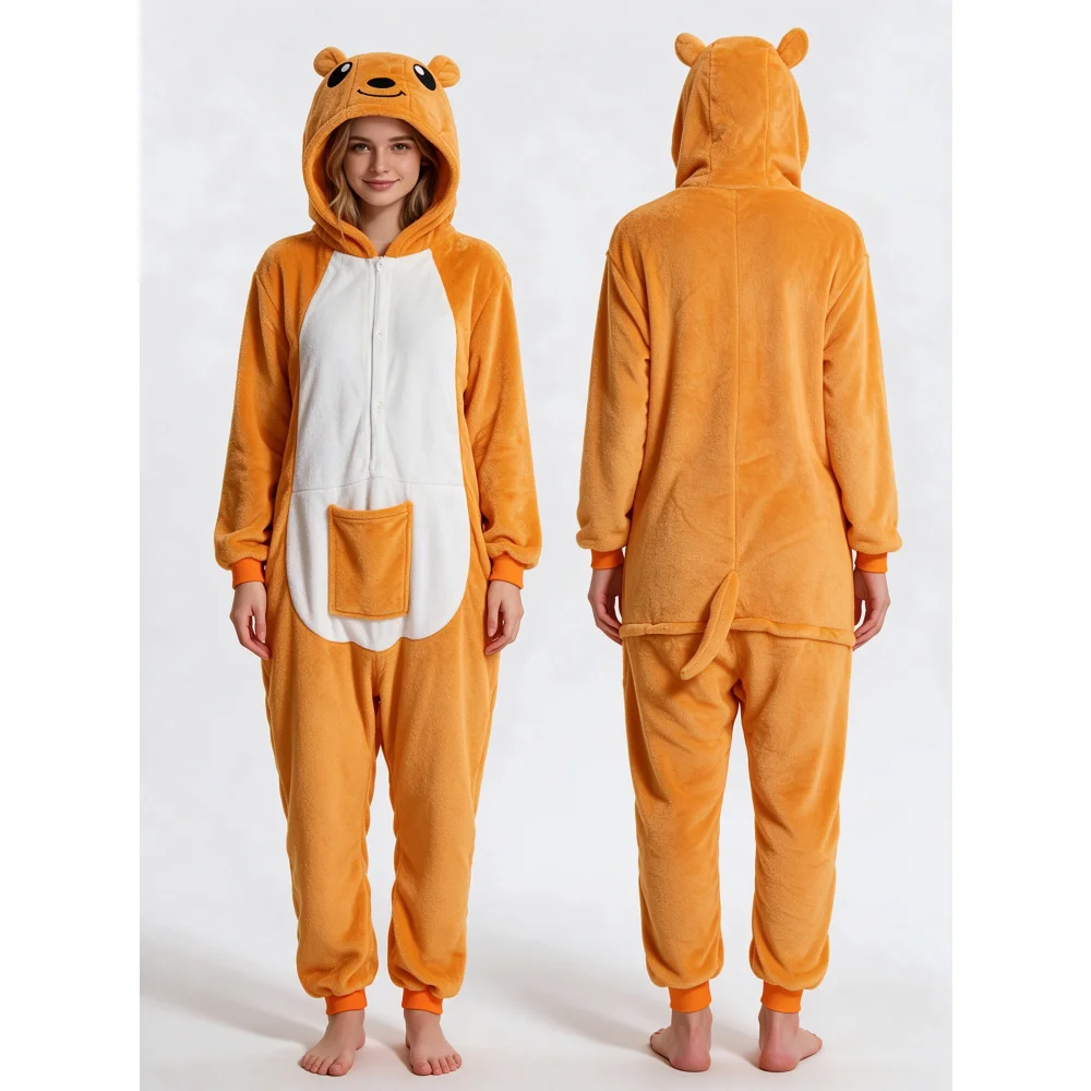 Flannel kangaroo animal jumpsuit, adult cartoon home suit, unisex autumn and winter warm nightgown