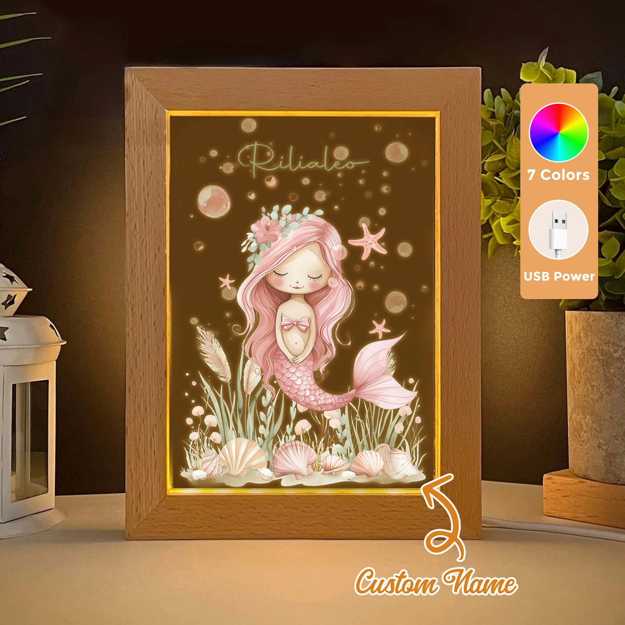 

2D Flat Custom Name Cartoon Pink Mermaid LED Acrylic Night Light Wood Photo Frame 21x17cm Child Bedroom Gifts Home Decor