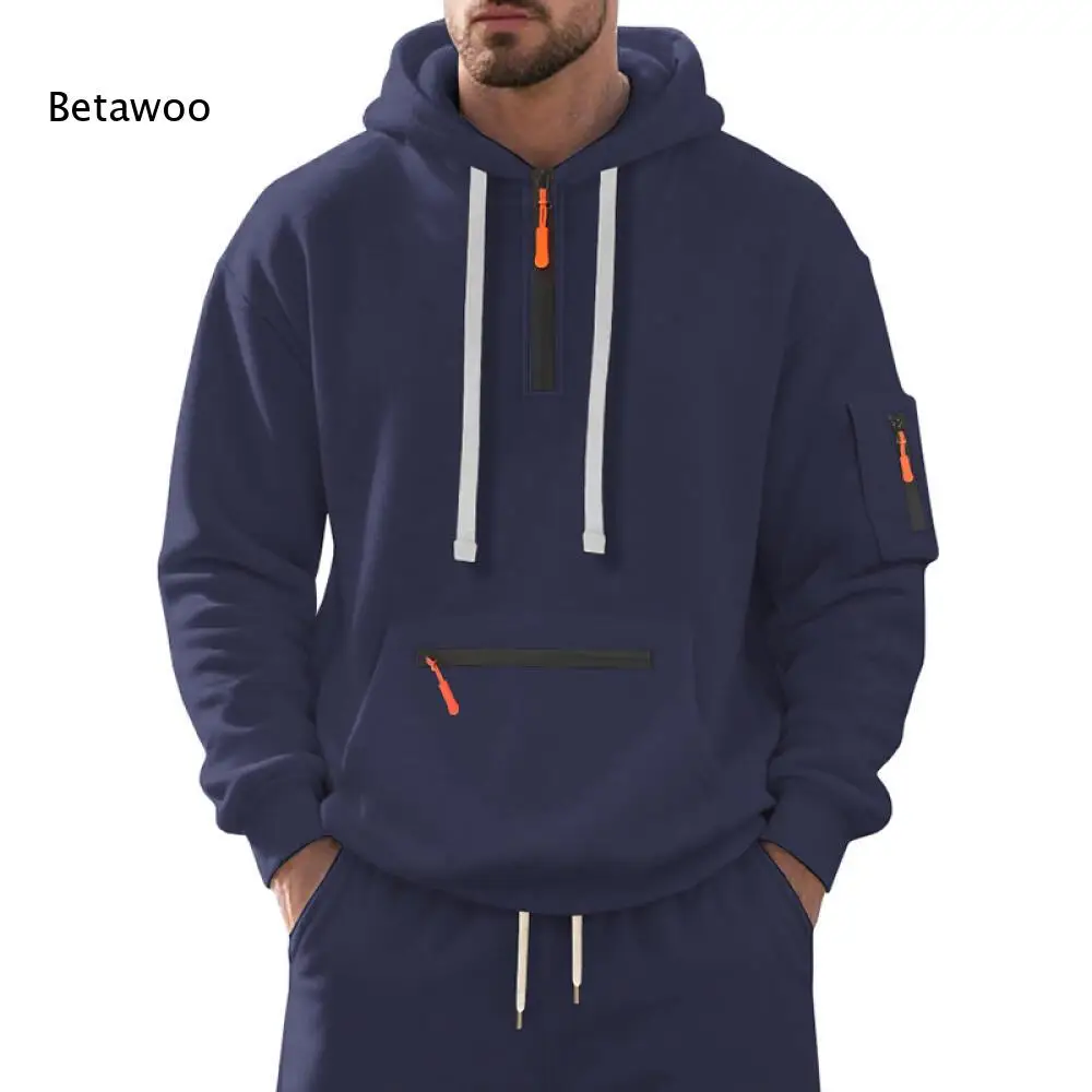 Men Long Sleeve Half Zip Hooded Top Solid Hoodie With Multiple Zipper Pockets For Sports Fitness And Casual Daily Dressing