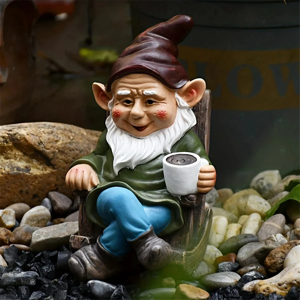 Gnome Dwarf Rocking Chair Ornament Resin Outdoor Garden Decoration Patio Leisurely Drinking Tea Lazy Decoration