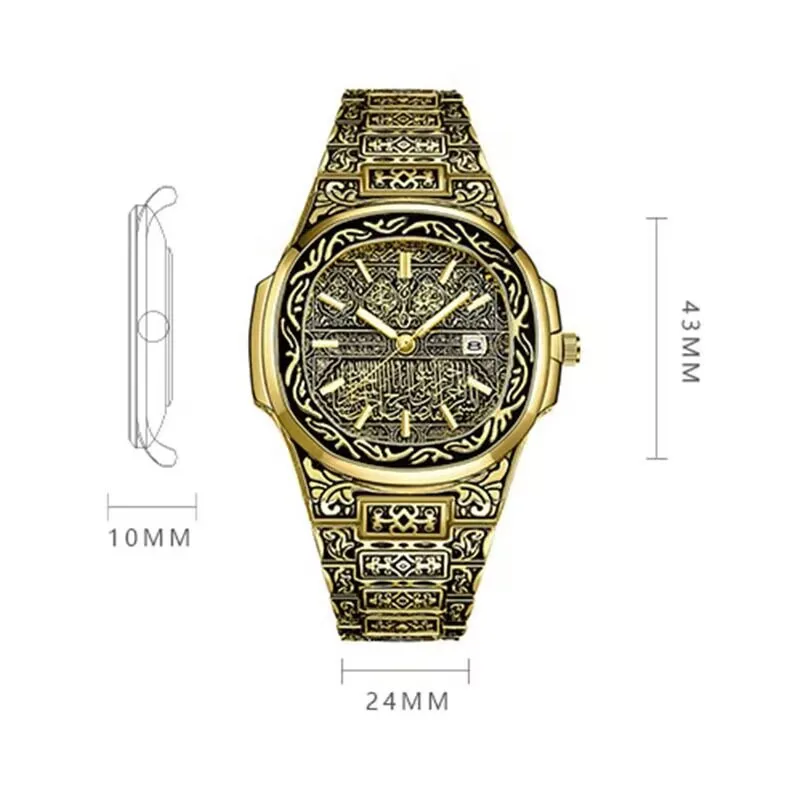 패션 럭셔리 브랜드 빈티지 남자 쿼츠 시계 꽃 패턴 조각 손목 시계 빈티지 쿼츠 시계