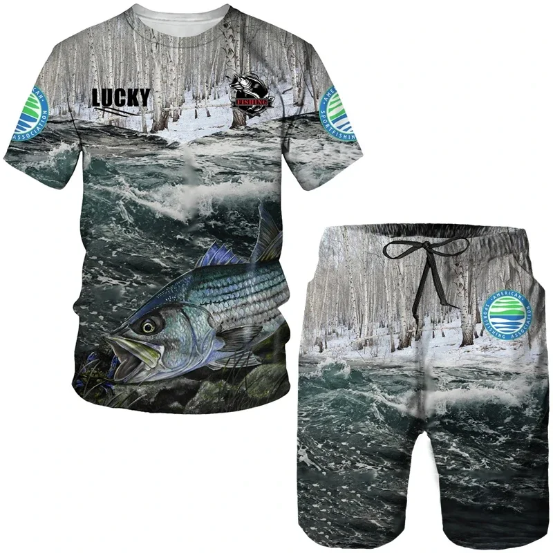 Fishing Battle Camo mode 3D Poker 2Pcs set pria T-shirt Set leher-o tee celana pendek dua potong set kasual Harajuku anak laki-laki Sweatshirt