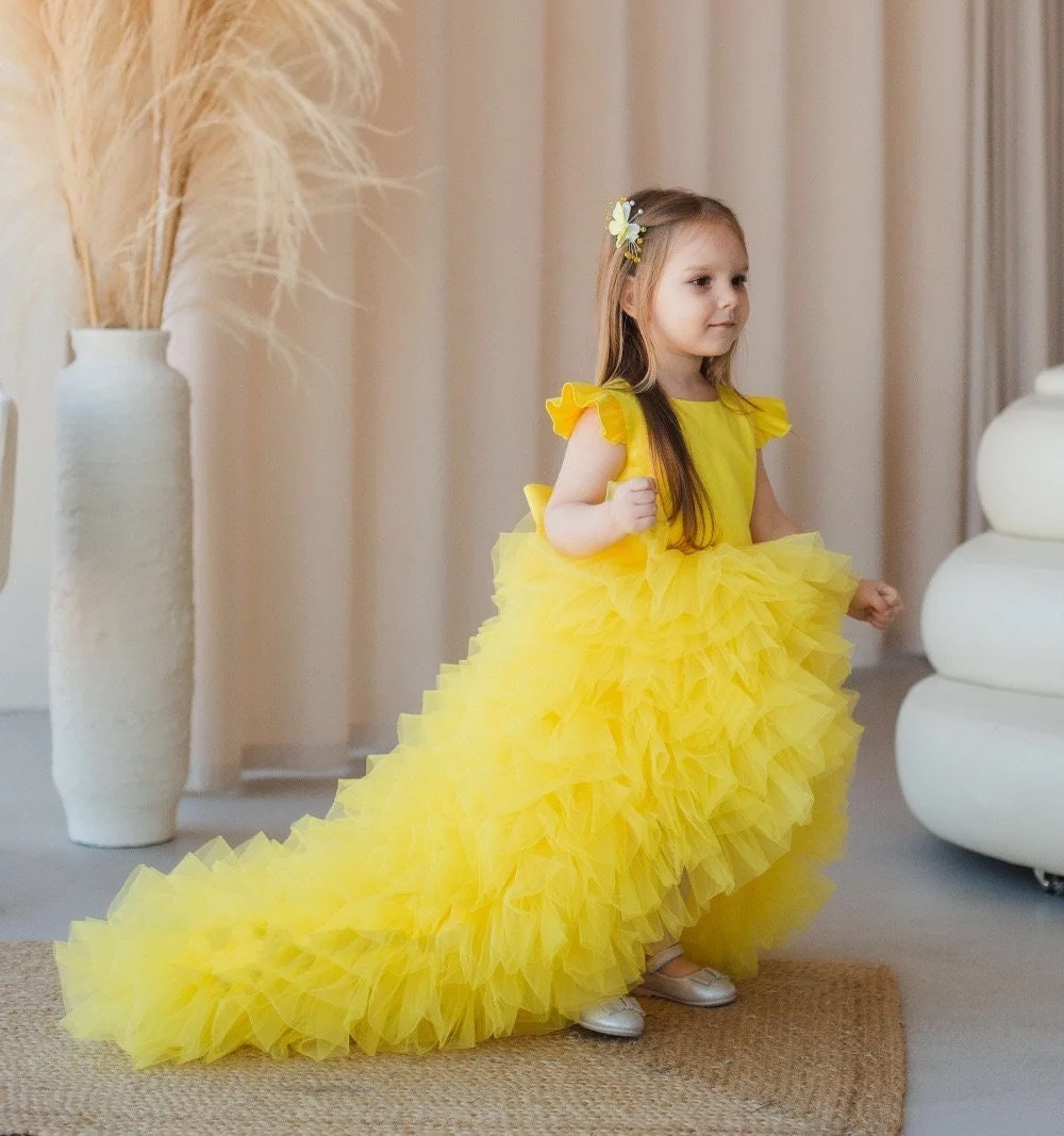 

Платье с цветочным узором для девочек на свадьбу, платье на день рождения для малышей со шлейфом, пышное бальное платье для выпускного вечера, платье для девочек для особых случаев на заказ