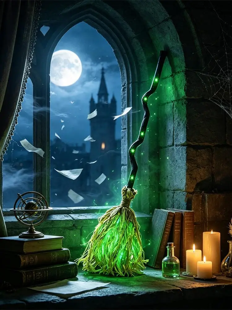 Glowing Witch Broom with Sound Effects Auto Bouncing for Haunted House Escape Room Party Indoor Halloween Decoration