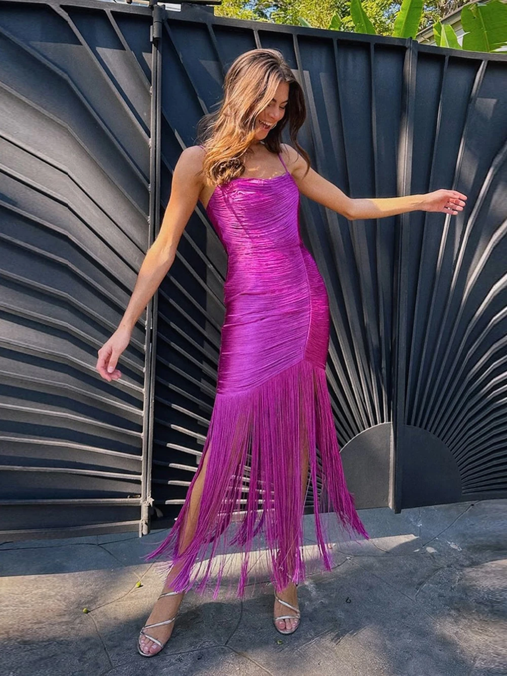 Modphy Wysokiej Jakości Sukienki Damskie z Frędzlami, Różowo-Czerwone, na Cienkich Ramiączkach, Długie, z Chwostami, Sukienka Bandage w Stylu Celebrytów, Sukienka na Bal, Vestidos