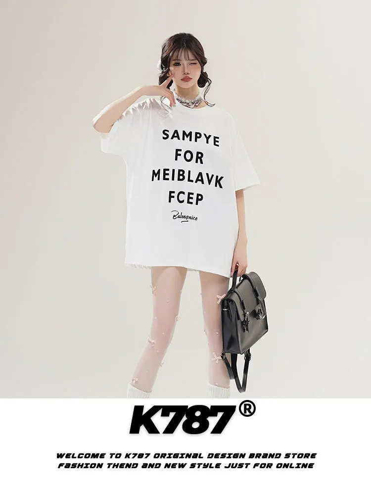 

K787 American Retro Cotton T-irt ex Oversize ort Sve Letter Print Casual Sle Summer Top for Youth And Couples