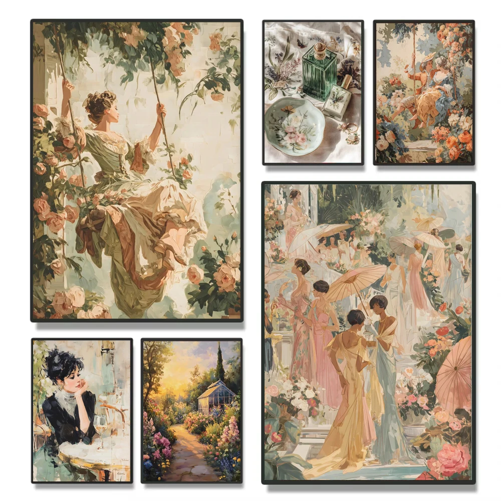 Nordic Elegance Manor Poster Printing for Ladies' Gatherings Classic Lady on Swing European Garden Canvas Home Living Room Decor