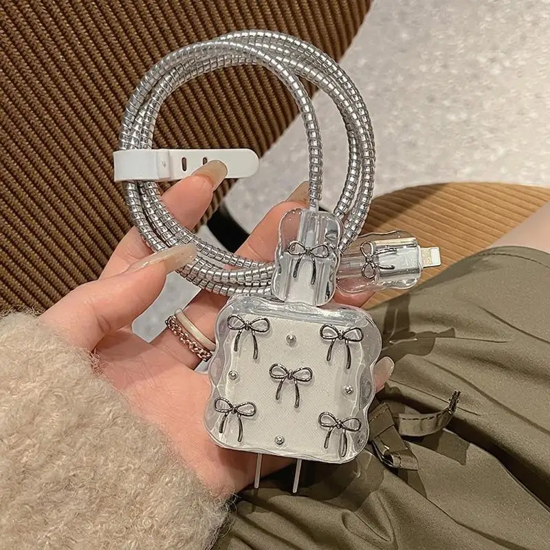 5Pcs Cute Silver Bowknot Charger Protector Set Anti Break Cable Wrap Perfect For Girls Protecting Chargers Daily Use