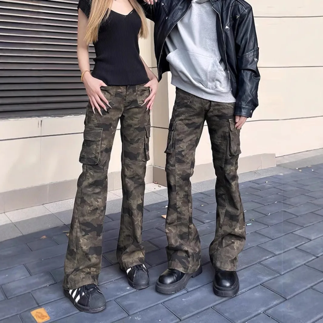 Summer Camouflage Work Pants Women's High Waist Wide Leg Micro Flared Jeans Multiple Pockets Casual Style Zipper Closure