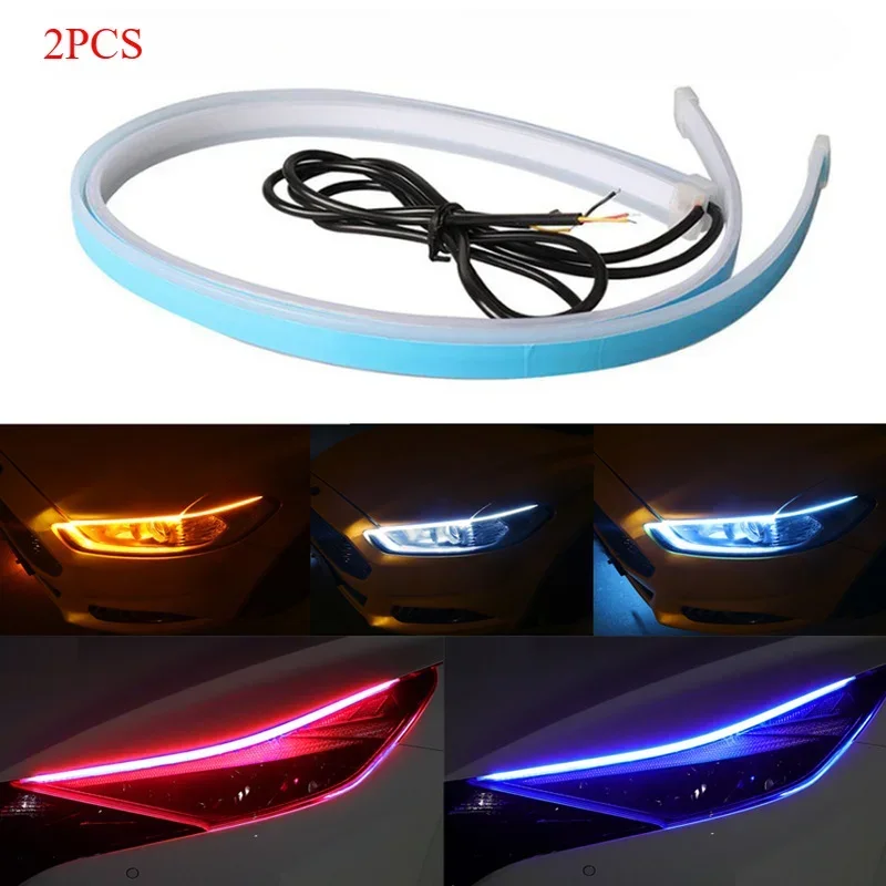 2pcs 60cm Car DRL Flexible Waterproof Headlight LED Strip Universal Auto Headlights RGB Turn Signal Yellow Brake Flow Lights