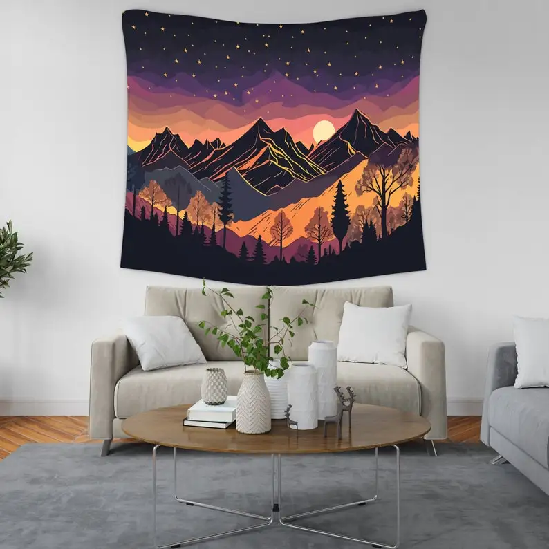 Mountain Night Sky Wall Tapestry Starry Landscape Art Sunset Hiking Adventure Decor
