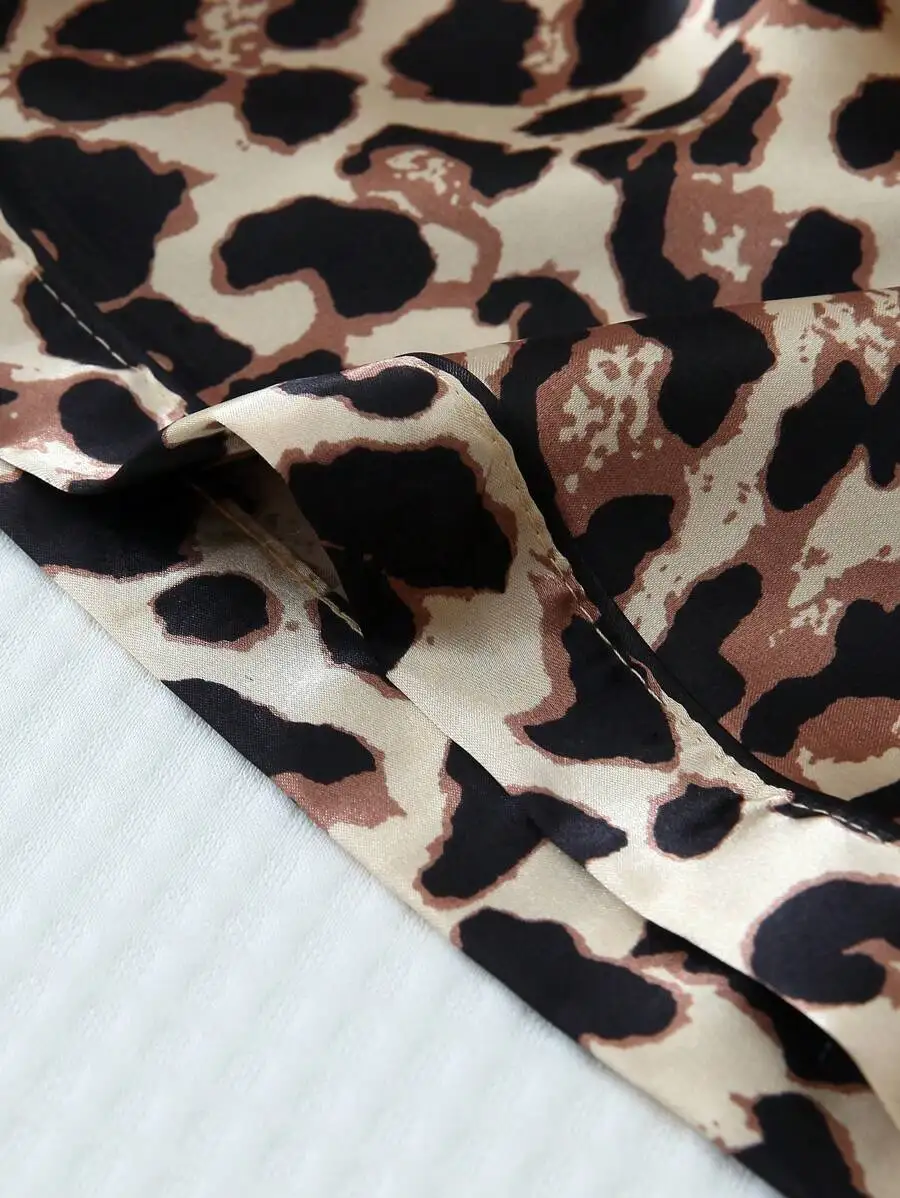2pcs Satin Leopard Print Short Sleeve Collared Shirt And Bowknot Shorts Pajama Set For Women Spring Summer