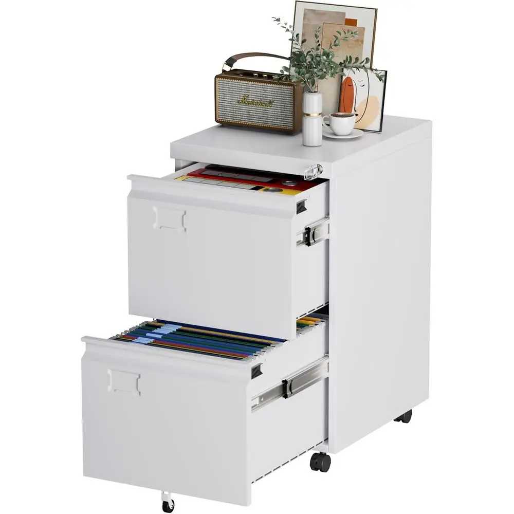 Cabinet with Lock and Wheels, White | 14.57W x 17.36D x 25.79H rolling cabinet with 5 casters, locking drawers or Letter and A4