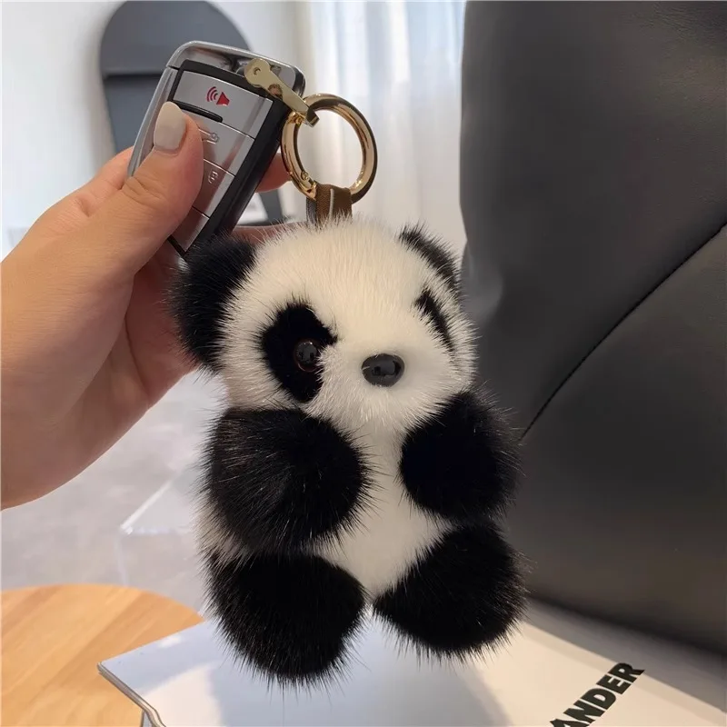 Faux Fur Panda Pendant Plush Doll for Women Bag Ornaments Cute Mink Fur Panda Car Keychain Animal Car Key Chain Birthday Gifts