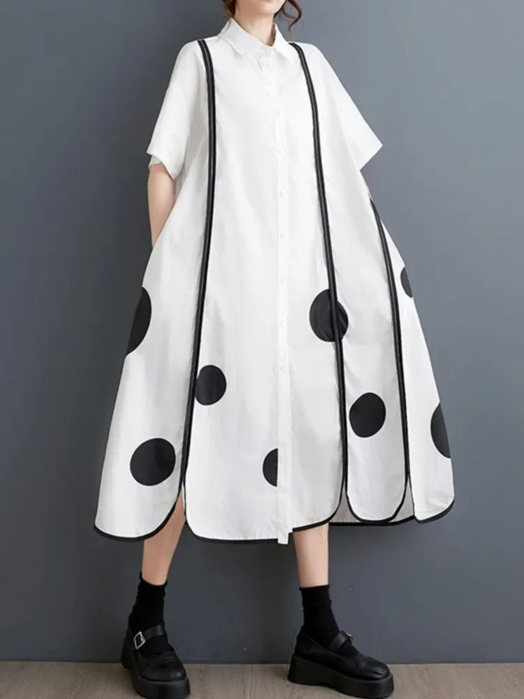 Oversized Summer Midi Shirt Dress Women Irregular Polka Dot Print Fashion Ladies Dresses Casual Loose Ruffle Pleated Woman Dress