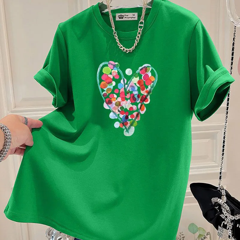 Summer Fashion Hand-Painted Polka Dot Printing T-shirts Women Pure Cotton O-neck Short Sleeve Top Tees Casual Loose Pullover