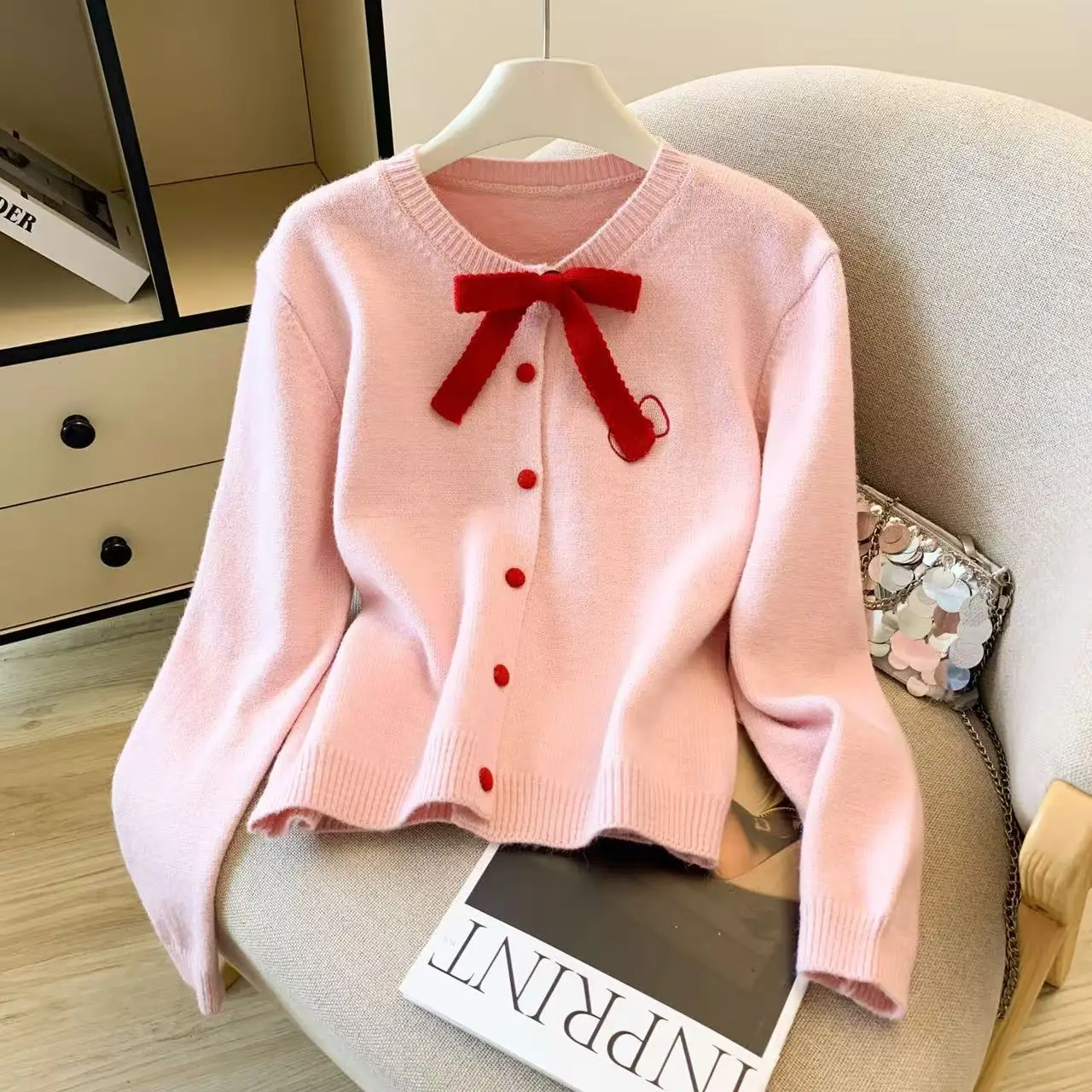 

Женский розовый кардиган с круглым вырезом и бантом, вязаный свитер в стиле Харадзюку, винтажный кашемировый свитер 2000-х годов Y2k с длинными рукавами, осенняя одежда Shoujo
