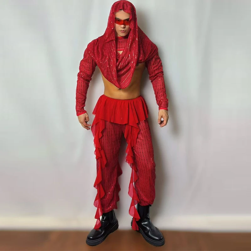 Traje de bailarina Gogo con lentejuelas rojas, ropa de baile en barra para hombre, traje de baile de Jazz para hombre musculoso, club nocturno, Bar, DJ, escenario, ropa individual XS10256