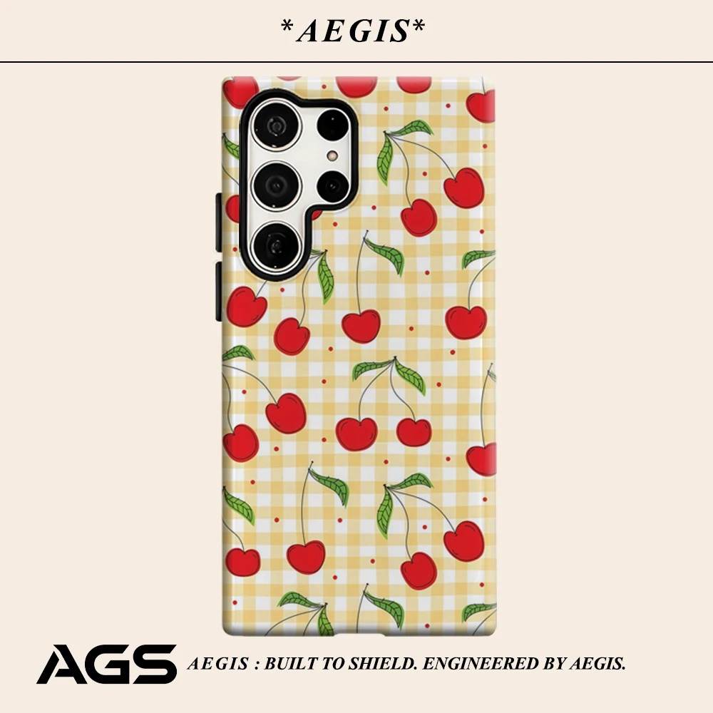 Yellow Plaid Cherry Phone Case for Samsung Galaxy S25 Ultra S24 S23 Ultra Plus Glossy Double-layer Back Cover