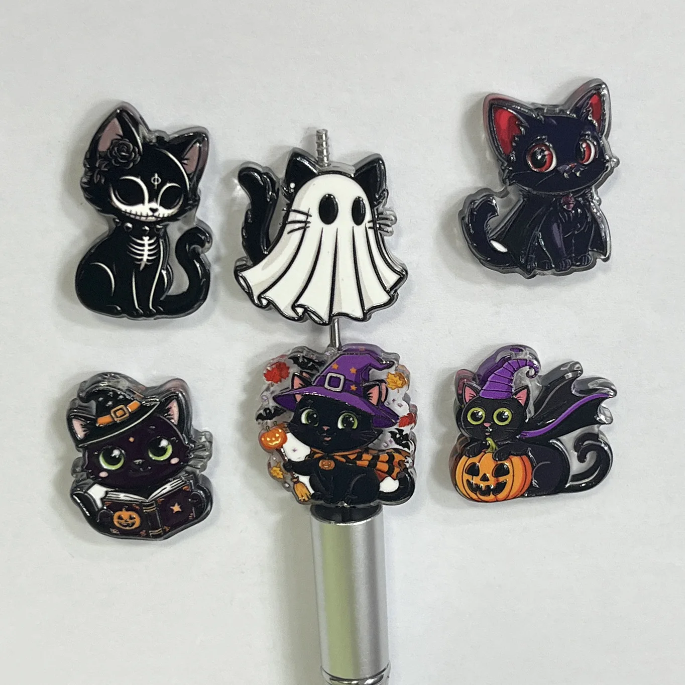 50/100pcs through-hole double-sided relief Halloween dark little black cat ghost pumpkin bead accessories DIY handmade bead acce
