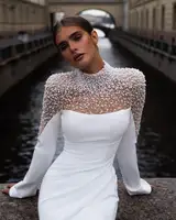 Stunning High Neck Full Sleeves Peal Beaded Mermaid Wedding Drsses Sweep Train Custom Made Vestido De Noival customized - Image 4