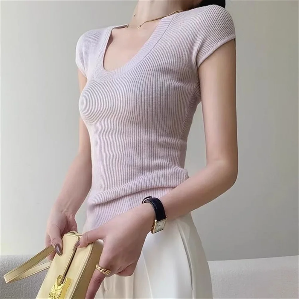 Frauen Oansatz Kurzarm Schlank Sexy T-shirts Stricken Rosa Süße Pullover Tees Casual Tops Für Frauen 2025, Frühling Sommer Dünne Pullover