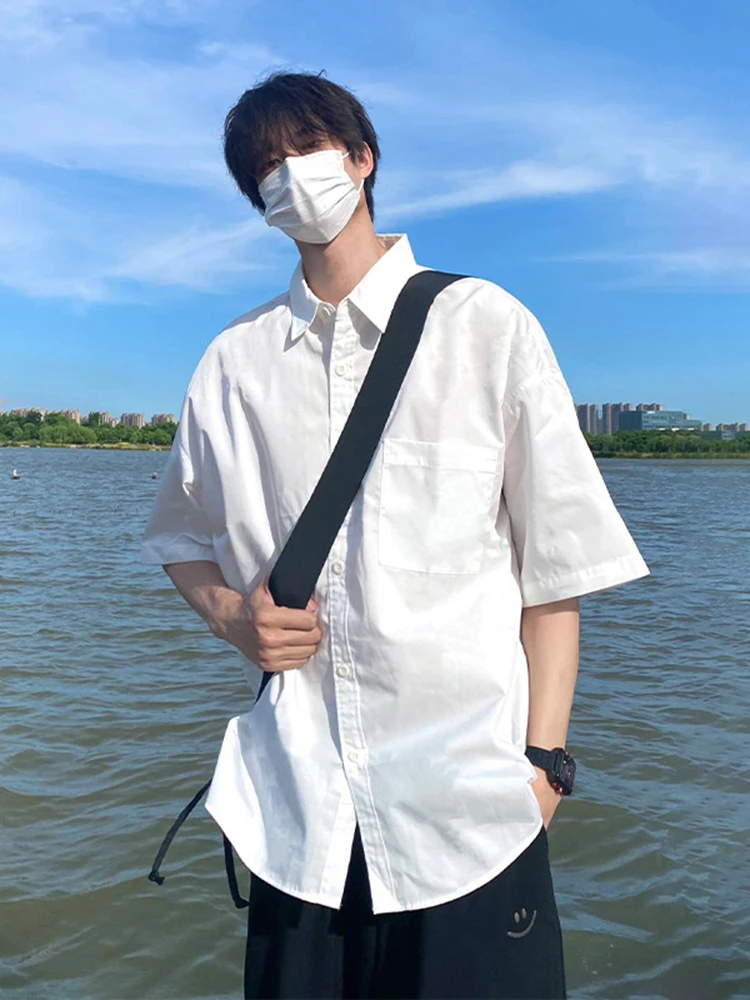 

Pure White ort Sve Cotton Workwear irt Men's Summer Youth Sle Cleanfit Jaet Loose Fit Youthful Trend arp Collar