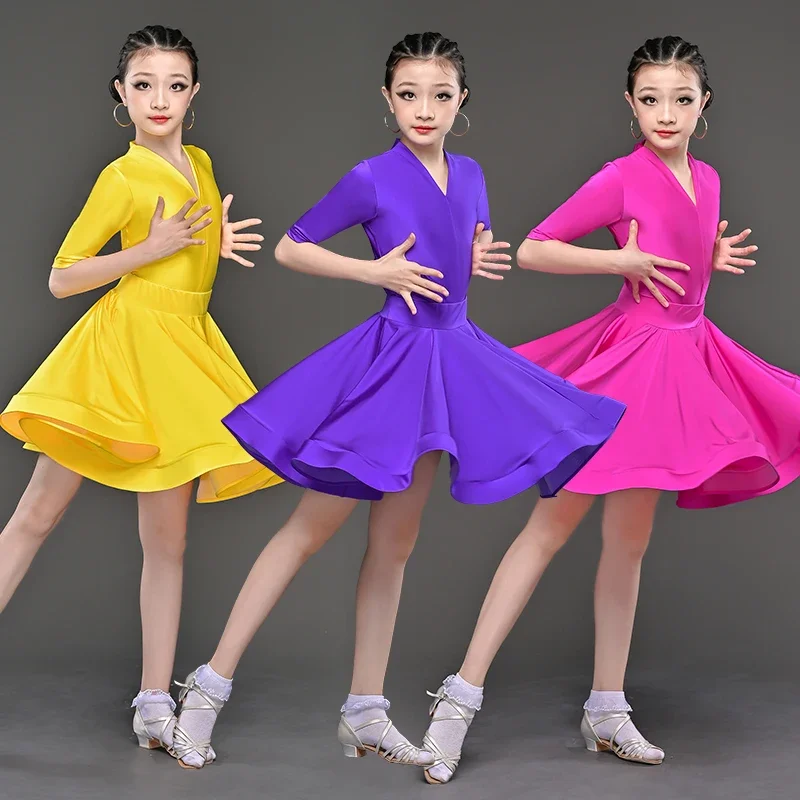 Girls Latin Dance Dresses Children Competition Ballroom 6 Color Costumes Kids Carnival Party Stage Performance Practice Clothing