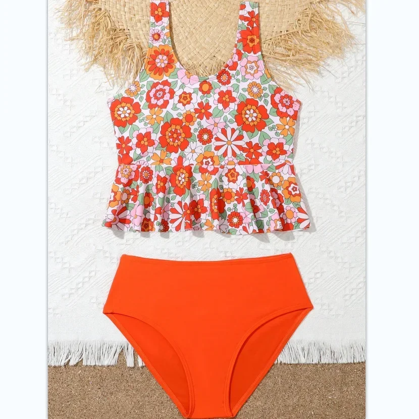 Купальник-бикини с рюшами и цветочным принтом для девочек, комплект из двух предметов, детский пляжный купальник для подростков 8-14 лет Купальник-бикини с рюшами и цветочным принтом для девочек, комплект из двух предметов, детский пляжный купальник для подростков 8-14 лет
