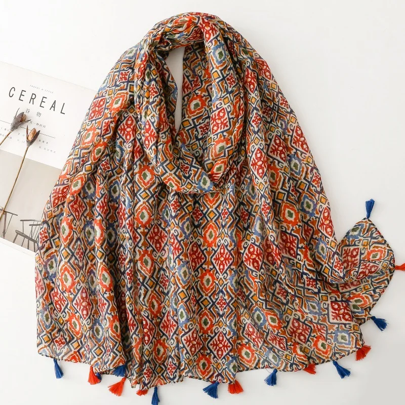 

Богемный женский вискозный шарф с цветочным принтом 88*180 см, шаль из хлопка и льна с кисточками, пашмина, мусульманский хиджаб, женский женский