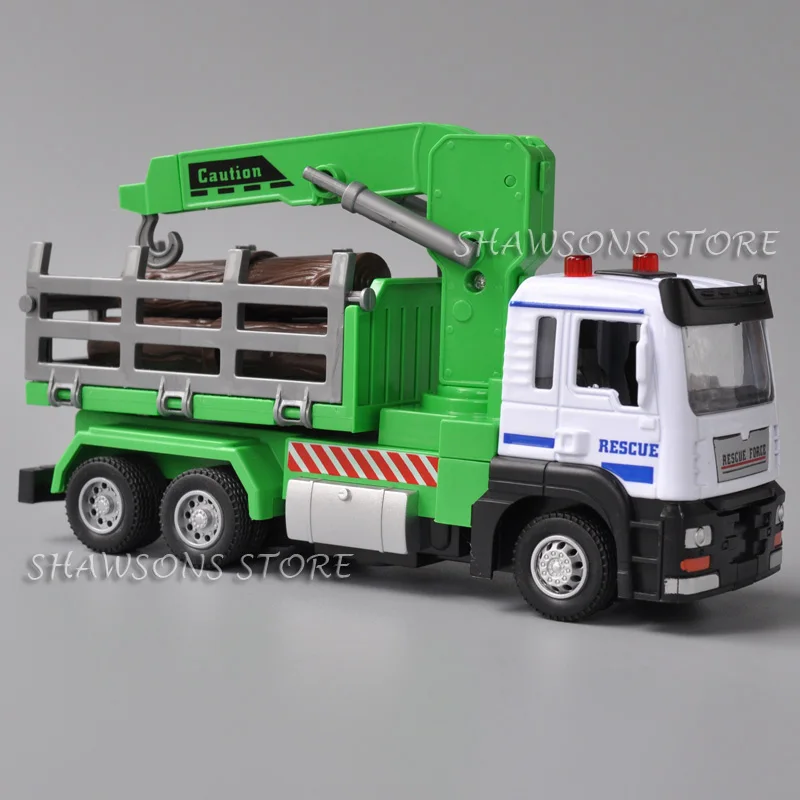 Diecast modelo caminhão brinquedo, log transportador, miniatura réplica puxar para trás, som e luz, 1:50