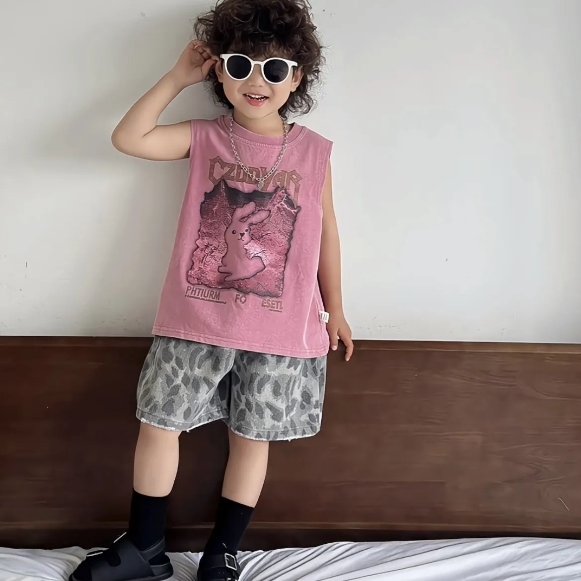 Children's Summer Set Fashion New Boys' Printed Tank Top+Leopard Denim Shorts 2-piece Set