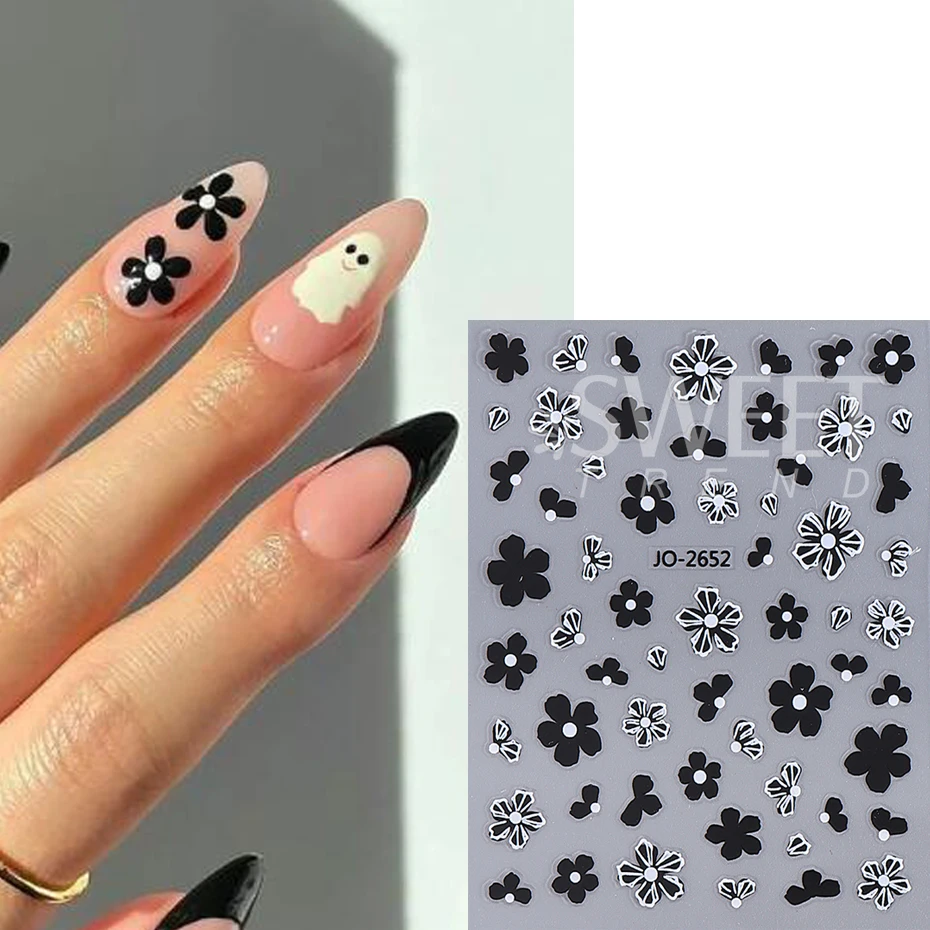 3D Black French Flower Nail Stickers Simple Gold Silver Petal Nail Decals Sliders For Autumn Nail Supplies Manicure Decoration