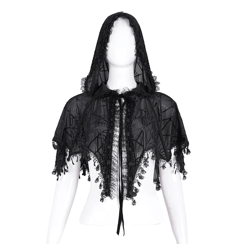 DEVIL FASHION Women Gothic Spider Web Lace Hooded Cape Tassel Fringe Short Shawl Witch Halloween Transparent Cover Up CA047
