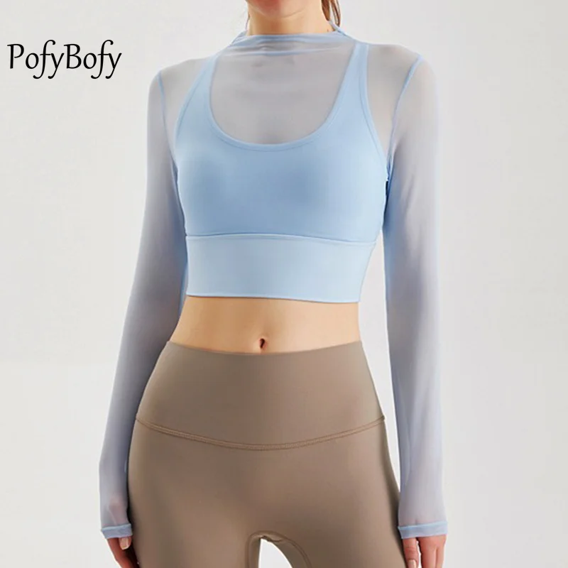 

PofyBofy Shockproof Mesh Fake Two-piece Chest Pads Long Sleeves Stretched Yoga Shirt Breathable Fitness Sportwear Sexy Crop Top