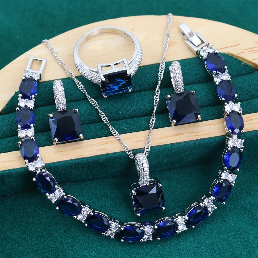 Geometrically Blue Zircon Silver 925 Jewelry Sets Bracelets Earrings Rings Pendant Wedding Necklace For Women Mother Day Gift