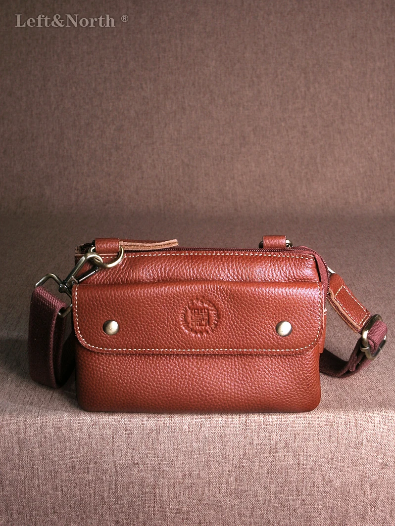 LEFT&NORTH Cell phone bag for women trend 2026 Genuine leather 100% Natural Cowhide Rectangular Waist packs Small Crossbody bag