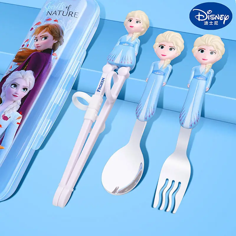 Disney Lightning McQueen Mickey Minnie Stitch Princess Elsa Anime Cartoon Children\'s Tableware Training Chopsticks and Spoons