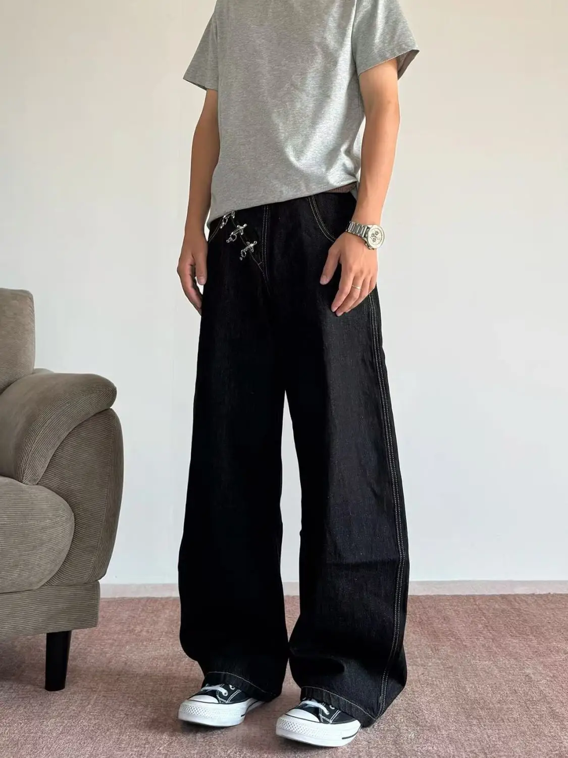 Men's Oblique Metal Buckle Design Jeans Spring Street Pants Cool Boys High Waist Sweatpants Male Casual Wide Leg Trousers