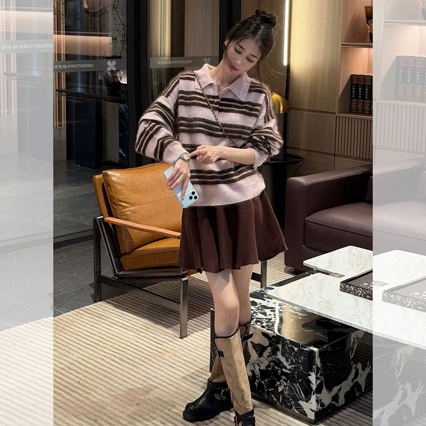 Pink coffee striped long-sleeved cashmere sweater sweater single wear inside the bottom niche